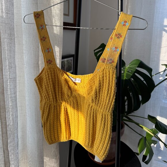 ZARA Yellow Knit Textured Tank with Floral Embroidered Straps – Size L - Picture 1 of 7